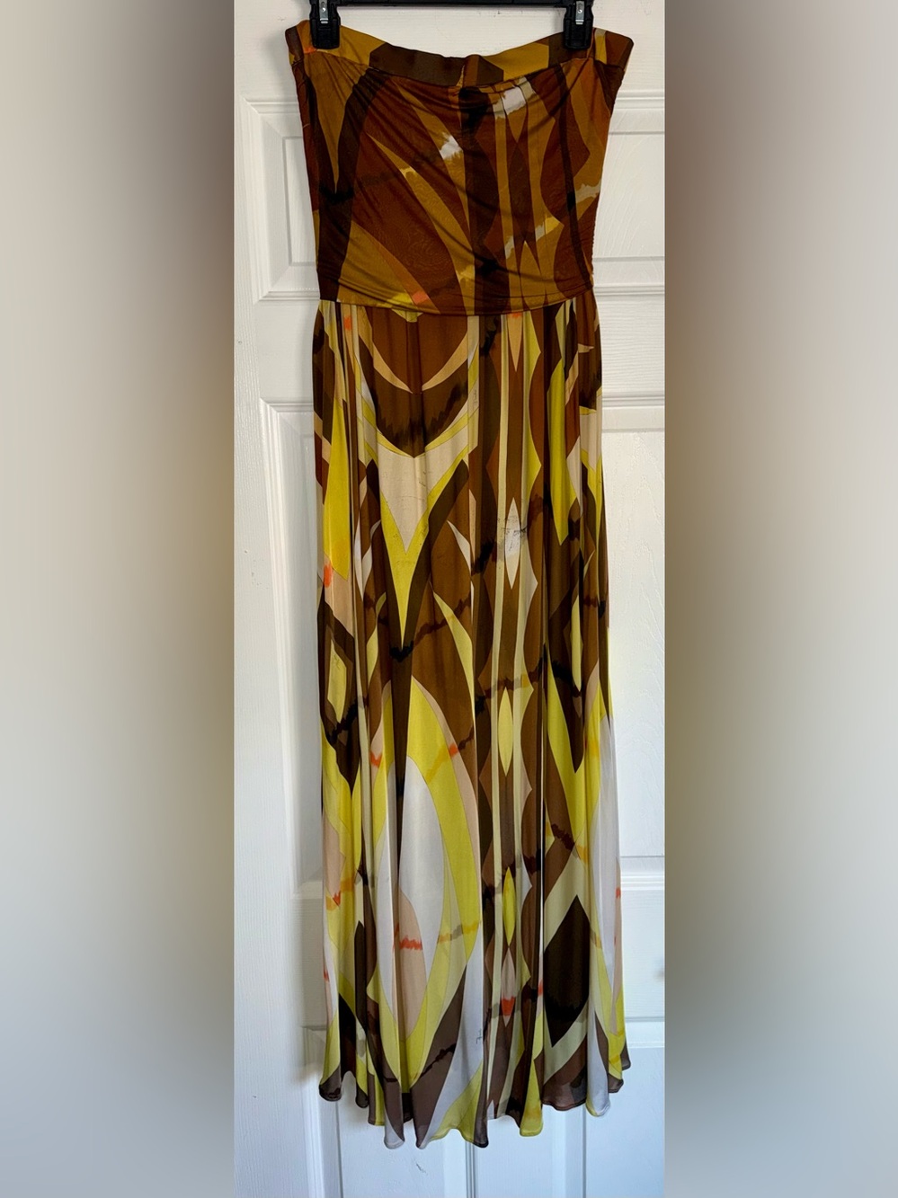 EMILIO PUCCI Brown Yellow Geometric Crossover Strapless Flowy Maxi 44 US 10 Y2K - Picture 12 of 16